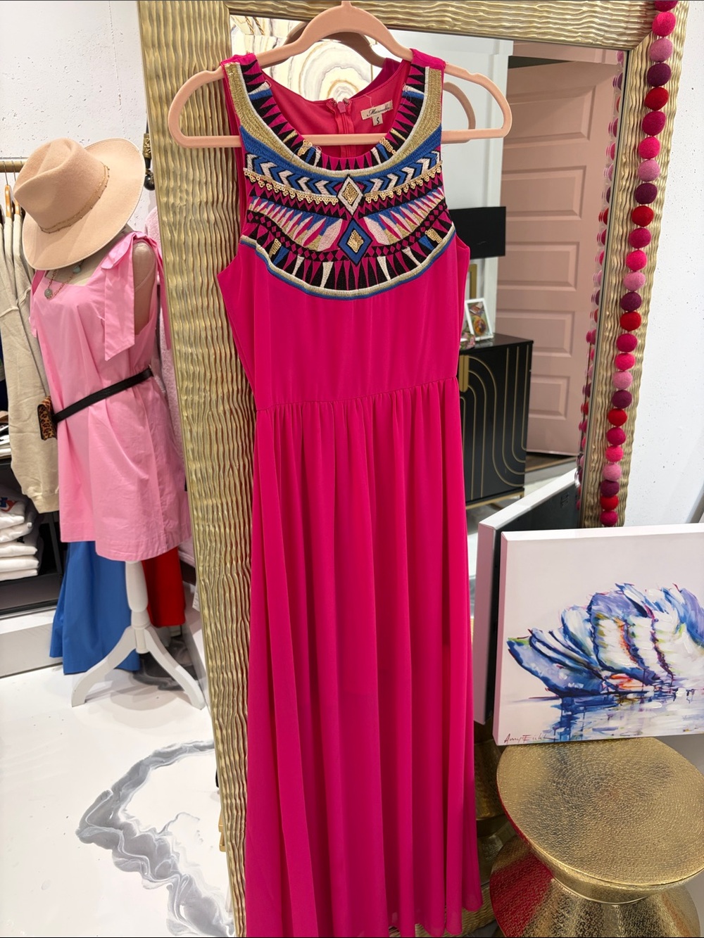 Marineblu Hot Pink Maxi Dress with Multicolor Embroidered Yoke